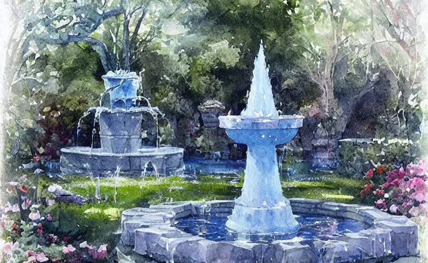 Image similar to concept art of a magical fountain in a garden, pinterest, artstation trending, behance, watercolor, by coby whitmore, silver, laser light,