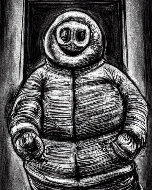 Prompt: hdr monochrome portrait of the michelin man being arrested, intricate, accurate facial details, volumetric lighting