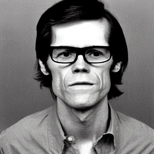 Prompt: 1970s of Mugshot Portrait of Willem Dafoe with glasses and no beard, with very short hair and a receding hairline, dressed in 1970s menswear, taken in the 1970s, photo taken on a 1970s polaroid camera, grainy, real life, hyperrealistic, ultra realistic, realistic, highly detailed, epic, HD quality, 8k resolution, body and headshot, film still, front facing, front view, headshot and bodyshot, detailed face, very detailed face