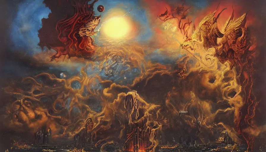 Image similar to dreams of apocalypse, art by manuel sanjulian and franz xaver kosler and james c. christensen