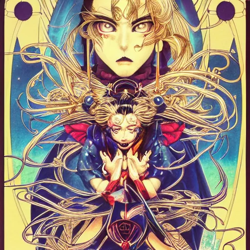 Prompt: portrait of crazy sailor moon, symmetrical, by yoichi hatakenaka, masamune shirow, josan gonzales and dan mumford, ayami kojima, takato yamamoto, barclay shaw, karol bak, yukito kishiro