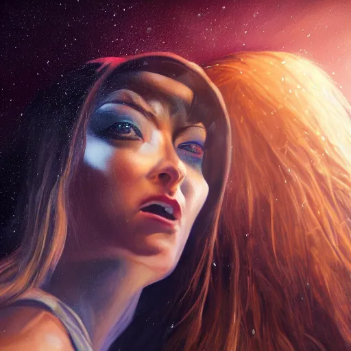 Prompt: A hyper real comic book style portait painting of a close up of Annita, the singer, riding a horse on the moon, her face is clearly visible, unreal 5, hyperrealistic, octane render, cosplay, RPG portrait, dynamic lighting