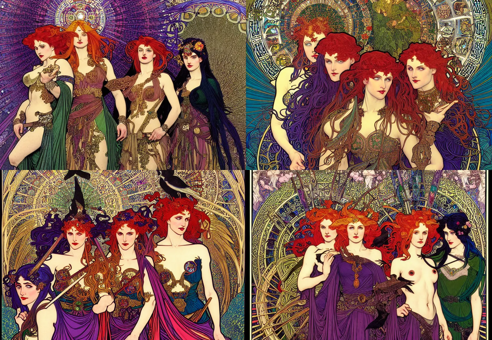 Prompt: a fine art painting of the Badb or Morrigan, the three irish celtic godesses of war and battle, a redhead a blond and a brunette, surrounded by a murder of crows, celtic fantasy, painting by dan mumford and jim fitzpatrick, by Alphonse Mucha, detailed, colorful