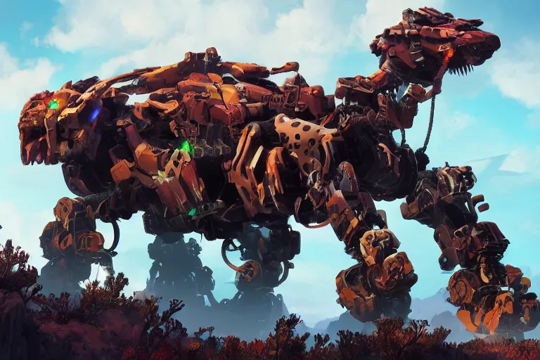 Image similar to behemoth machine mecha animal beast robot of horizon forbidden west horizon zero dawn bioluminiscence global illumination ray tracing hdr fanart arstation by sung choi and eric pfeiffer and gabriel garza and casper konefal