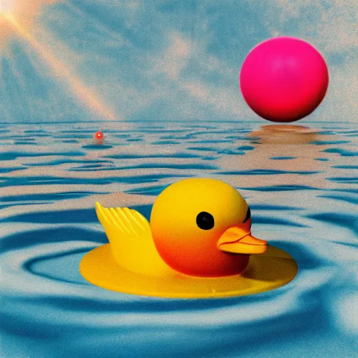 Image similar to the sun tarot card by freida harris, 1 9 5 0 s rubber duck floating on astral plane, 3 d render unreal engine