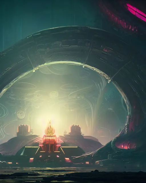 Prompt: alien temple, beautiful landscape, nier automata, protoss!!, machine planet, glass obelisks!!, glow, mothership in the sky, pink sun, tropical forest, colorful light, advanced technology, cinematic lighting, highly detailed, masterpiece, art by bastien grivet and darwin cellis and jan urschel