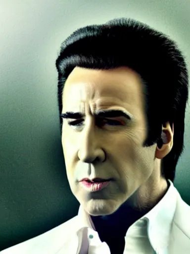 Prompt: a photograph of john travolta as nicholas cage, cinematic, detailed, proportional