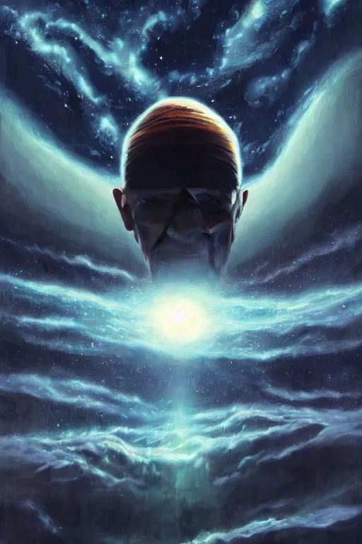 Image similar to terry pratchett looking at earth from space by anato finnstark