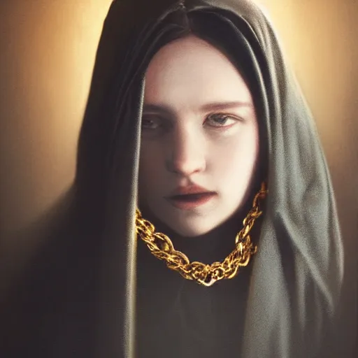 Image similar to a portrait of a young woman wearing a long dark cloak, hood and shadows covering face, holding golden chains, oil painting, matte painting, black background, Volumetric Golden dappled dynamic lighting, Highly Detailed, Cinematic Lighting, Unreal Engine, 8k, HD, by Beksinski