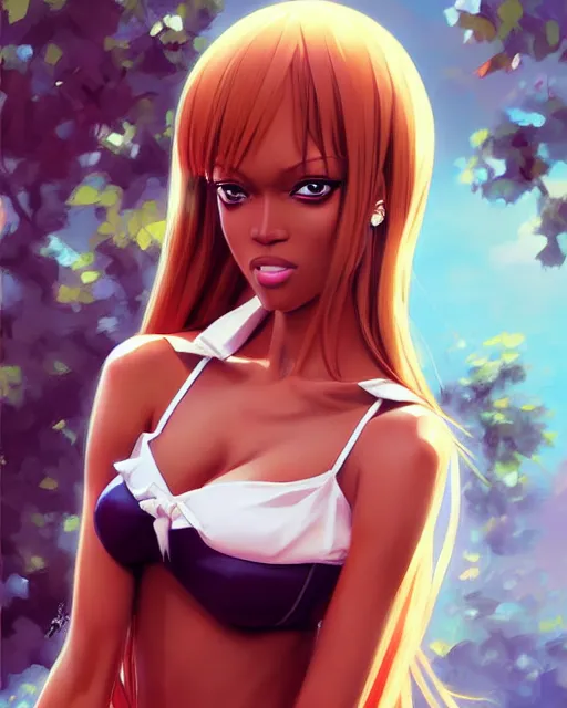 Image similar to portrait of Tyra Banks as Anime girl cute-fine-face, full body! full figure! pretty face, realistic shaded Perfect face, fine details. Anime. realistic shaded lighting by Ilya Kuvshinov Giuseppe Dangelico Pino and Michael Garmash and Rob Rey