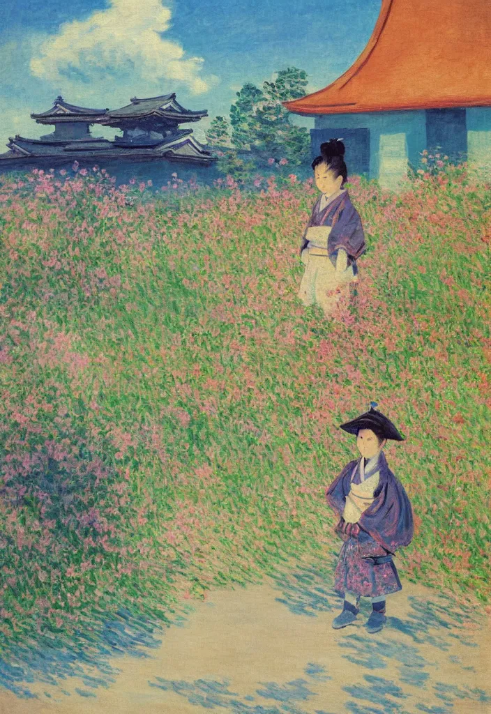 Image similar to tiny samurai in front of a futuristic japanese country side landscape, edo era house in the background, blue sky, magnificient clouds, lofi vibe, vivide colors, amazing light, really beautiful nature, oil painting, impressionist style, by claude monet, by ghibli, kandinsky touches, multiple brush strokes, masterpiece