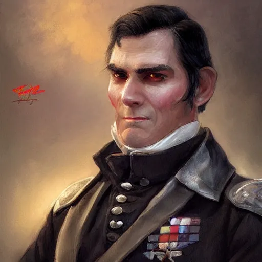 Image similar to a clean shaven confederate general with puffy black sideburns short black hair and a square face, an english man, dnd character art, painting by artgerm and ed binkley, HDR color