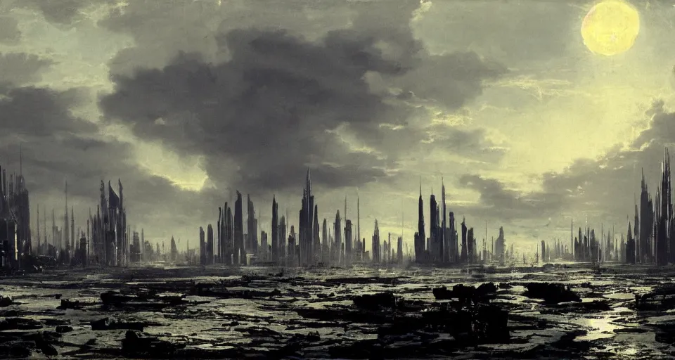 Prompt: view on futuristic city in the horizon, illustration by peder balke, detailed, sharp, 8 k