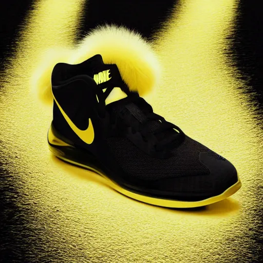 Prompt: poster nike shoe made of very fluffy yellow faux fur placed on reflective surface, professional advertising, overhead lighting, heavy detail, realistic by nate vanhook, mark miner