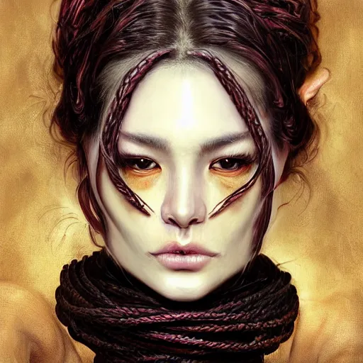 Image similar to portrait of a Shibari rope wrapped face and neck, headshot, insanely nice professional hair style, dramatic hair color, digital painting, of a old 13th century, traveler, amber jewels, baroque, ornate clothing, scifi, realistic, hyperdetailed, chiaroscuro, concept art, art by Franz Hals and Jon Foster and Ayami Kojima and Amano and Karol Bak,