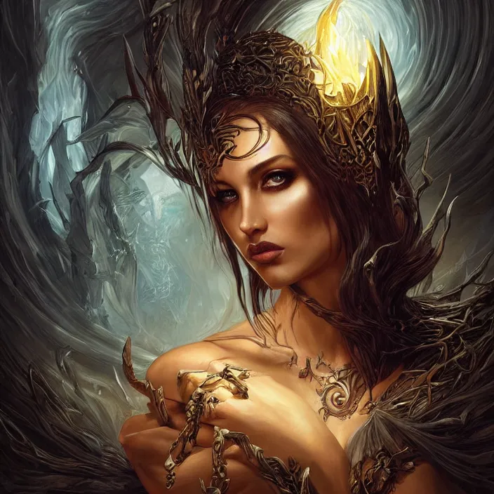 Image similar to a highly detailed painting of a sorceress with piercing beautiful eyes, dark tomb setting, dynamic lighting, ambient lighting, deviantart, art by artgerm and karol bak and mark brooks