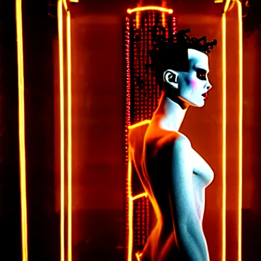 Image similar to cinematic portrait of model kristen mcmenamy as bride of frankenstein as a replicant in a busy nightclub, frightened and angry, still from the movie ex machina, fashion photography, a neon sign is in the background, 8 k, high detail, face in focus