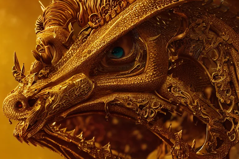 Prompt: cinematic closeup portrait of a golden dragon intricately decorated with jewels, sandstorm, detailed textures, dramatic lighting, unreal engine, cgsociety, artstation, 4k