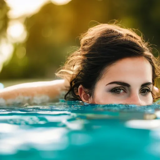 Prompt: close up portrait of beautiful woman half emerged in a swimming pool glaring in the camera, f1.8 50mm