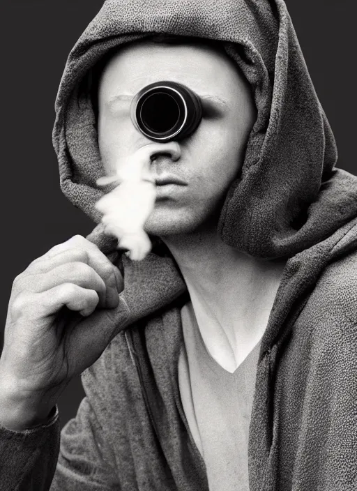 Prompt: an anthropomorphic beautiful male scientist portrait blowing smoke wearing black hoodie robe, binocular, fine art, award winning, intricate, elegant, sharp focus, octane render, hyperrealistic, wizard hat cinematic lighting, highly detailed, digital painting, 8 k concept art, art by jamie hewlett and z. w. gu, masterpiece, trending on artstation, 8 k