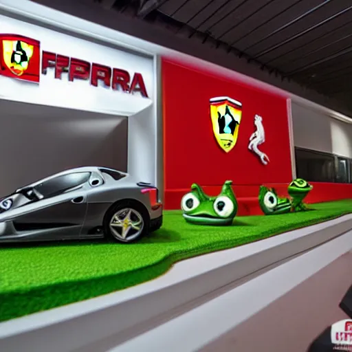 Image similar to diorama model + pepe the frog + ferrari, club lighting, low contrast, single building, arsitektur nusantara, dynamic lighting, 1 0 0 0 0 mm,, depth detailed.