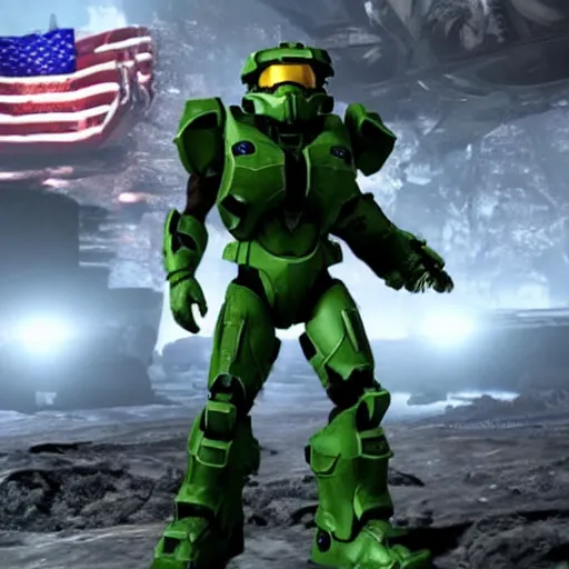 Prompt: Donald Trump wearing the suit of Master Chief from Halo with the helmet off, gameplay screenshot, cinematic trailer, E3