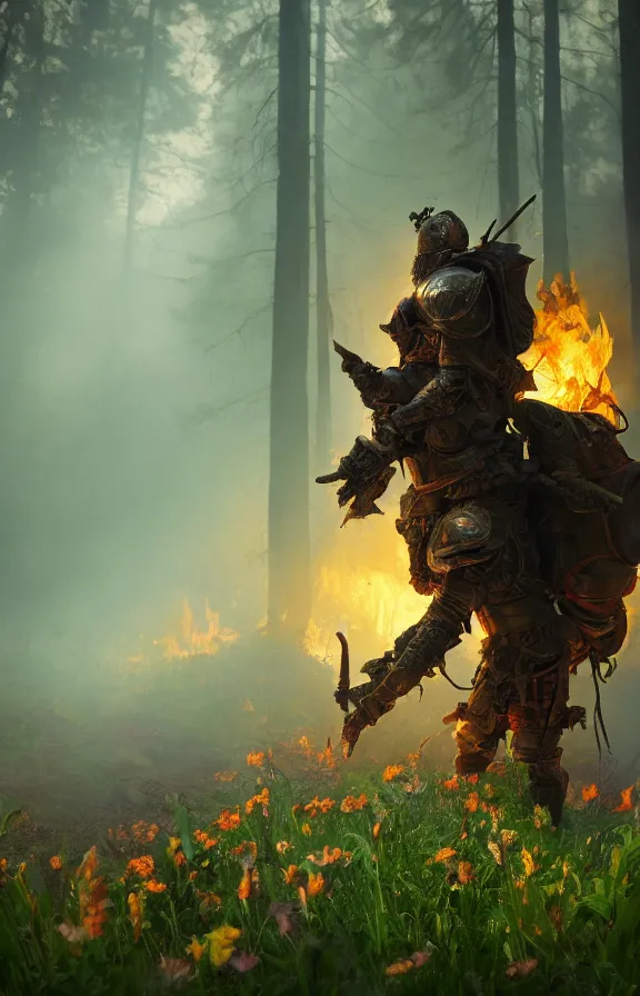 Prompt: a knight among flowers in dark forest surrounded by fire and smoke, moody, rim light, dynamic lighting, cinematic shot, gritty, ultra - detail, renderman, physically based render, greg olsen and liz lemon swindle