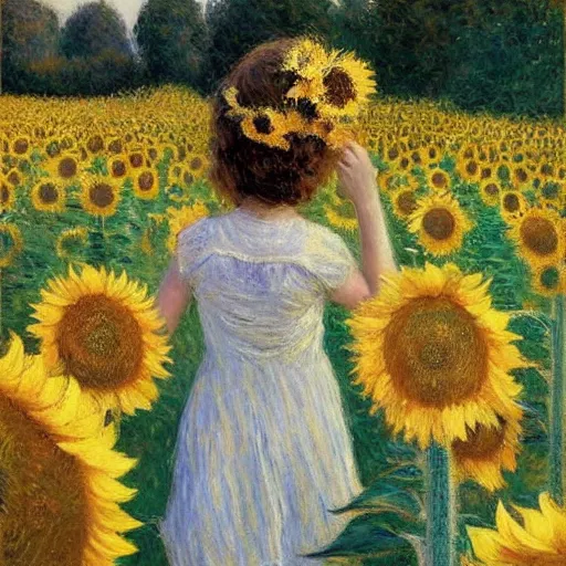 Image similar to a girl slowly walking through amazing tall sunflower field, her hair flowing down, subtle, intricate details, real masterpiece, impressionist painting, by gustave caillebotte