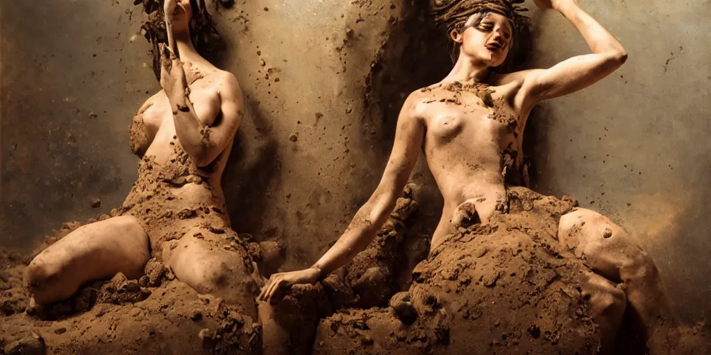 Image similar to highly detailed photography of a woman made of rust clay and dressed with rocks, hand gesture, sharp focus, dust particles, dirt, dramatic scene, aesthetic, dynamic lighting, elegant, harmony, masterpiece, by roberto ferri, blue background, high quality, spatula