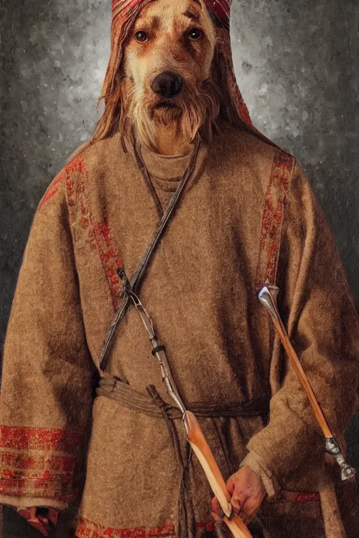 Image similar to Slavic dog head man, woolen torso in medieval clothes, Orthodox Saint Christopher, oil painting, hyperrealism, beautiful, high resolution, trending on artstation, with an axe,