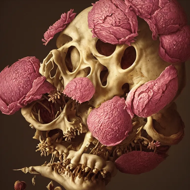 Image similar to still life of rotten flesh, beautiful pastel flowers, human spine, colorful mold, baroque painting, beautiful detailed intricate insanely detailed octane render, 8K artistic photography, photorealistic, chiaroscuro, Raphael, Caravaggio