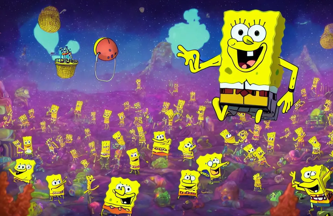 Image similar to spongebob rock concert on the moon, shot taken from behind spongebob on the stage looking the crowd, concert lighting, digital art, highly detailed, concept art, nickelodean style, party atmosphere, dark sky