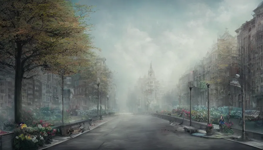 Image similar to magnificent city in late spring, flowers will fade, some fog, realistic style, high details, scene concept. digital art, trending on artstation
