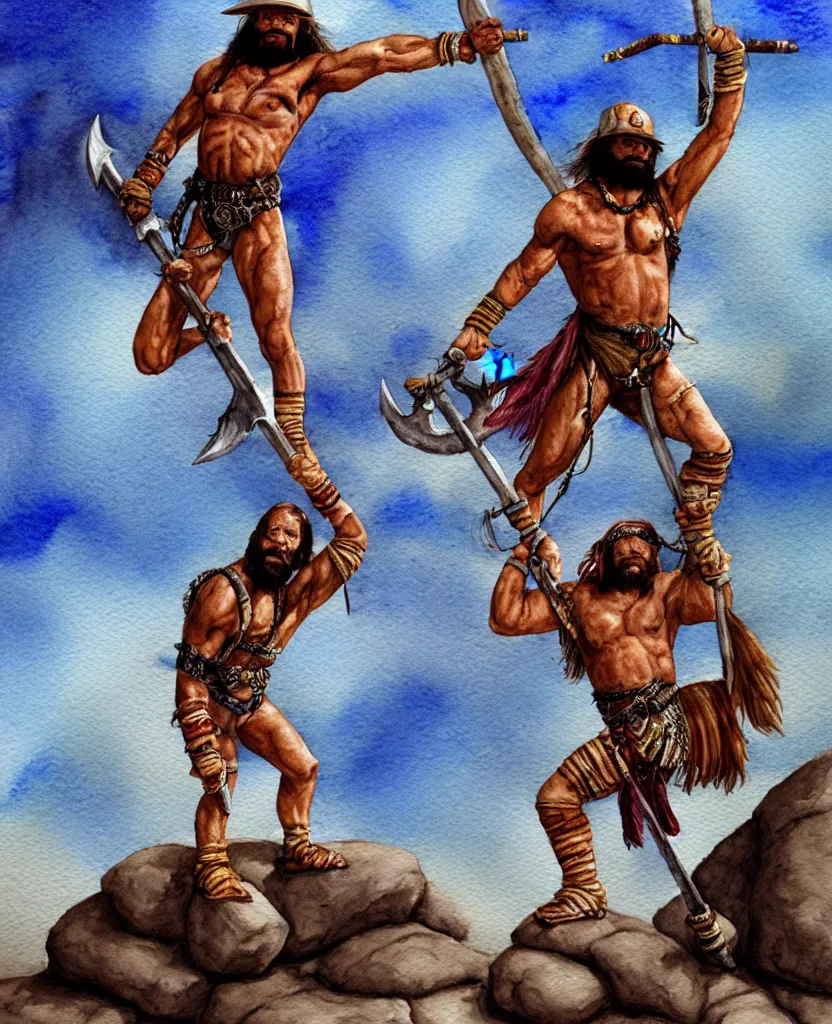 Image similar to randy savage with an anchor weapon slung over his shoulder and foot heroically on a boulder posing in desolate wasteland | fantasy watercolour painting | middle earth | conan | darksun | d & d dungeons and dragons | barbarian