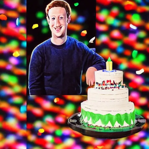 Prompt: mark zuckerberg is inside a computer monitor, handsome bearded man has a birthday cake, happy birthday, confetti, cake, balloons