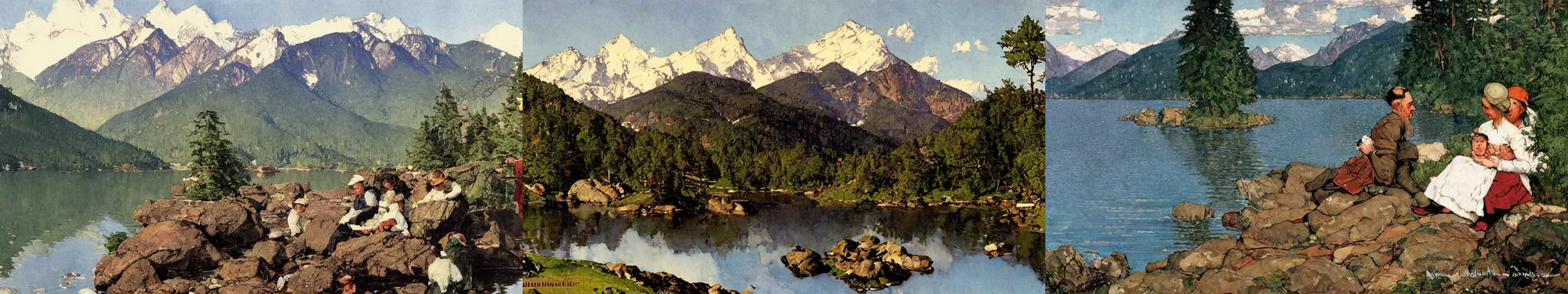 Prompt: lakeside mountains, by norman rockwell