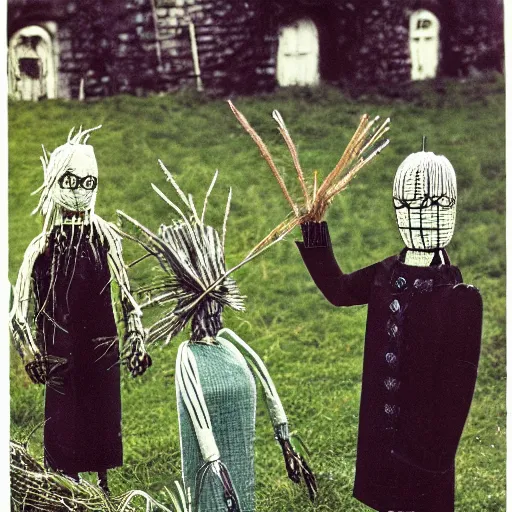 Prompt: midwich cuckoos wyndham. folk horror. highly detailed. robotic scarecrows
