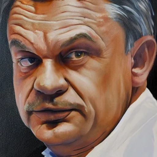 Prompt: old child paints a sausage and viktor orban on white paper, anatomically correct, oil painting, hyper realistic, 8 k highly detailed