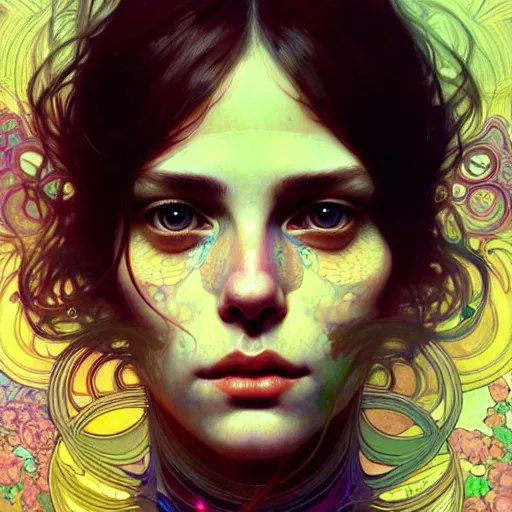 Image similar to An extremely psychedelic portrait, surreal, LSD, face, detailed, intricate, elegant, lithe, highly detailed, digital painting, artstation, concept art, smooth, sharp focus, illustration, art by Krenz Cushart and Artem Demura and alphonse mucha