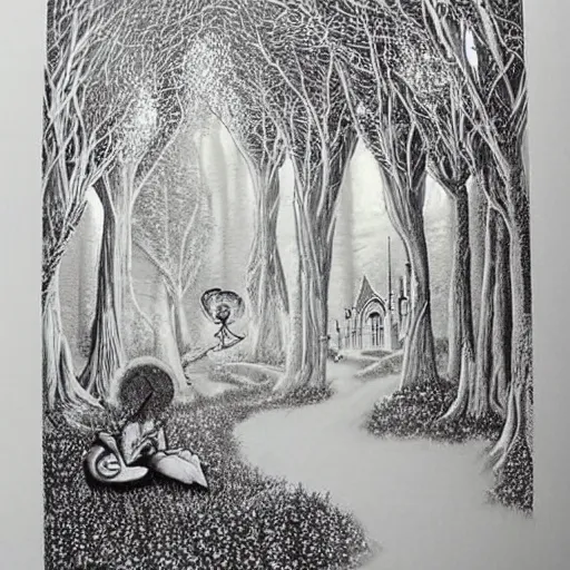 Prompt: white paper cut art of a fairytale scene hyper realistic many layers many details