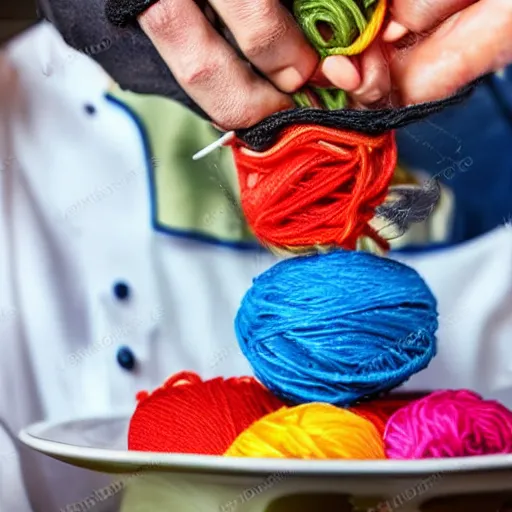 Image similar to italian chef cooking a plate of colorful yarn like spaghetti