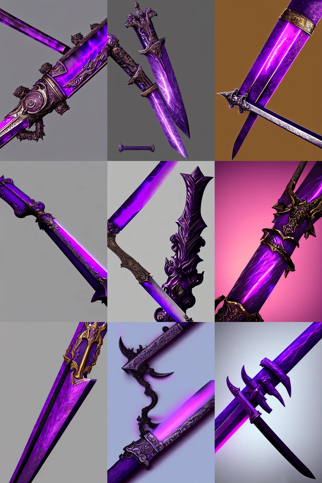 Prompt: full picture of a Cursed Sword, ornamental, purple glow, long, exquisite handle, concept art, trending on Artstation, artstationHD, artstationHQ, octane, cgsociety, HD