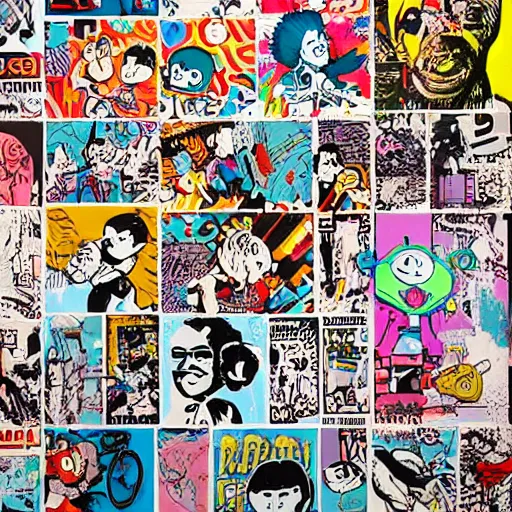 Prompt: cute little characters, a street art style multi - media collage by faile and patrick mcneil and patrick miller, lowbrow, pop culture, historic references, comic and cartoon references, pastel illustration designs