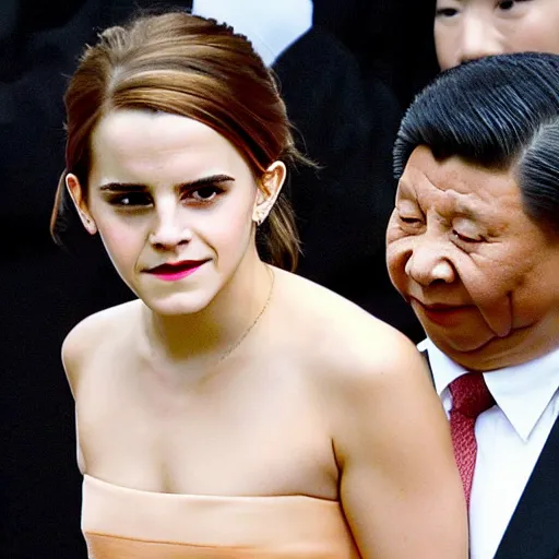 Image similar to angry emma watson putting xi jinping in a headlock as security agents close in, ap news