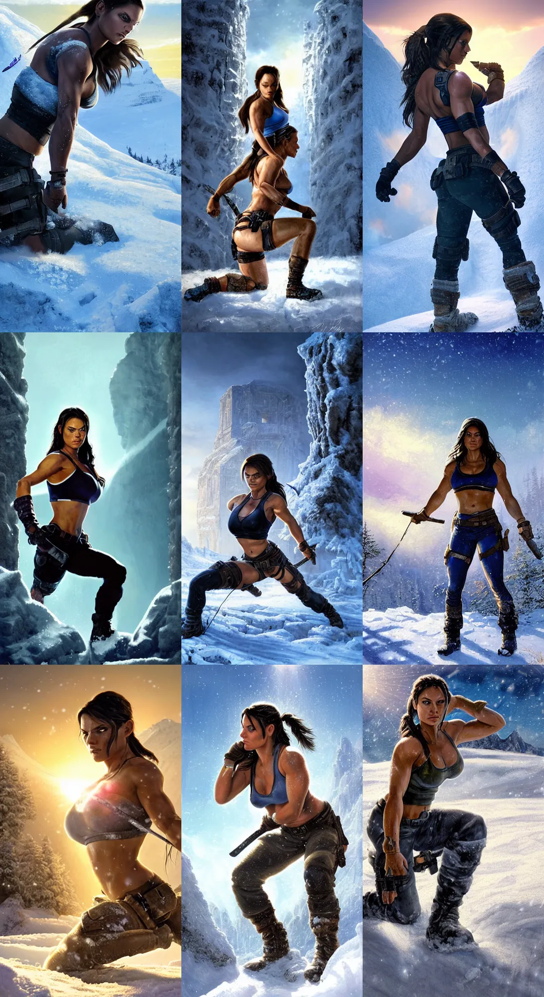 Prompt: epic portrait of muscled Mila Kunis as Lara Croft kneeling in deep snow, ancient ruins, blue hue prism, sun rays through snow, pink golden hour, wind swept snow, intricate, highly detailed, shallow depth of field, epic vista, Ralph Horsley, Daniel F. Gerhartz, Artgerm, Boris Villajo, Lilia Alvarado