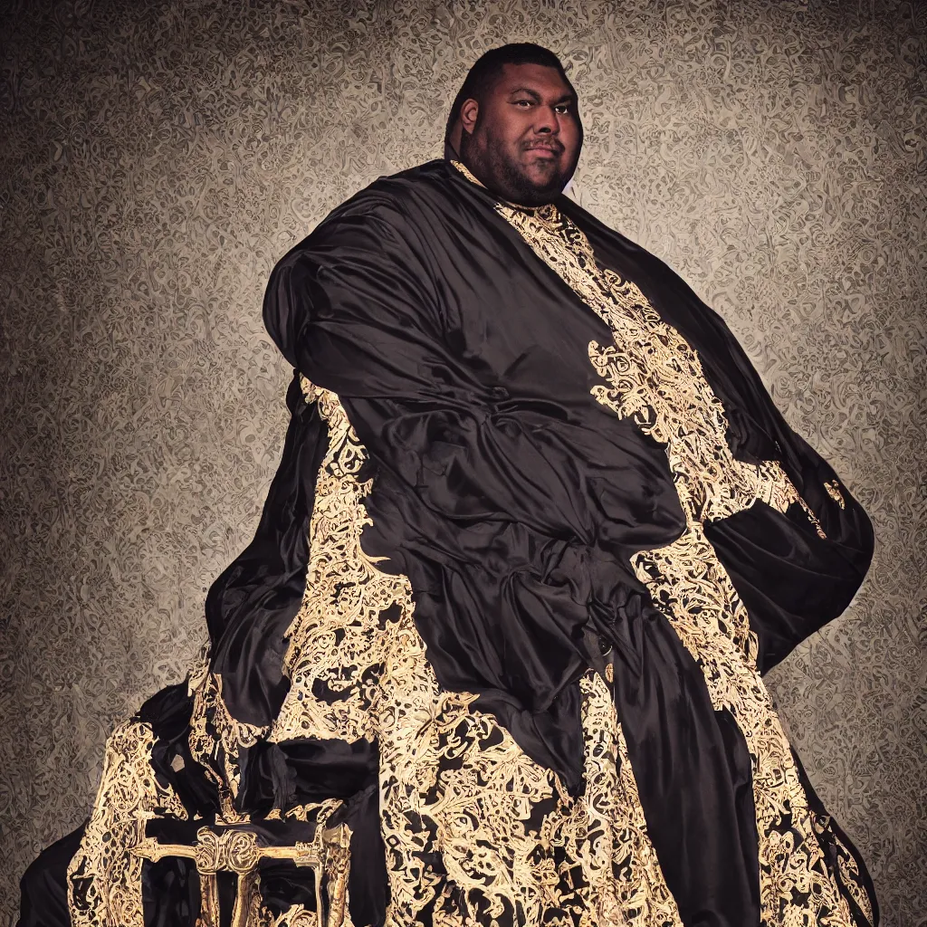 Prompt: Large black man sitting on throne wrapped in silk, background made of large folding curtains, dimly lit, dark, blacklight photography