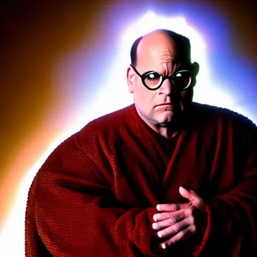 Image similar to uhd candid photo of george costanza as a super sayian, glowing, global illumination, studio lighting, radiant light, detailed, correct face, elaborate intricate costume. photo by annie leibowitz