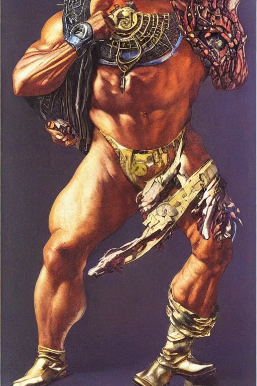 Prompt: upper body and head portrait of huge dorian yates as marvel character wearing pants and shirt and boots and gold jewellery round his neck by alex ross and lawrence alma tadema and zdzislaw beksinski and norman rockwell and jack kirby and tom lovell and greg staples