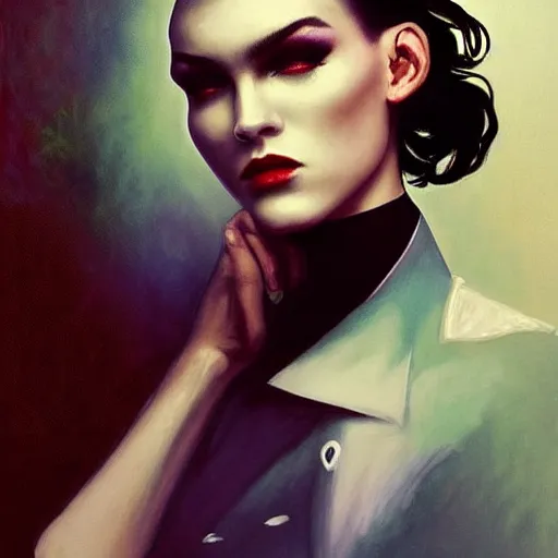 Prompt: stunning portrait of androgynous ruby rose as desire from sandman in a white tuxedo!!!, rockabilly style,, by alphonse mucha, by jeremy mann, by peter lindbergh, dave mckean, by mikko lagerstedt, by frank moth, white suit and black tie, soft lightning, high detailed, 8 k