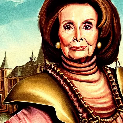 Image similar to painting of nancy pelosi standing in front of 1 6 th century backdrop. she looks like vigo the carpathian wearing armor. patina on armor. she ominously stares forward. hand on hip, arm resting on large stone. sepia toned. dramatic lighting. painting by lou police for ghostbusters 2.